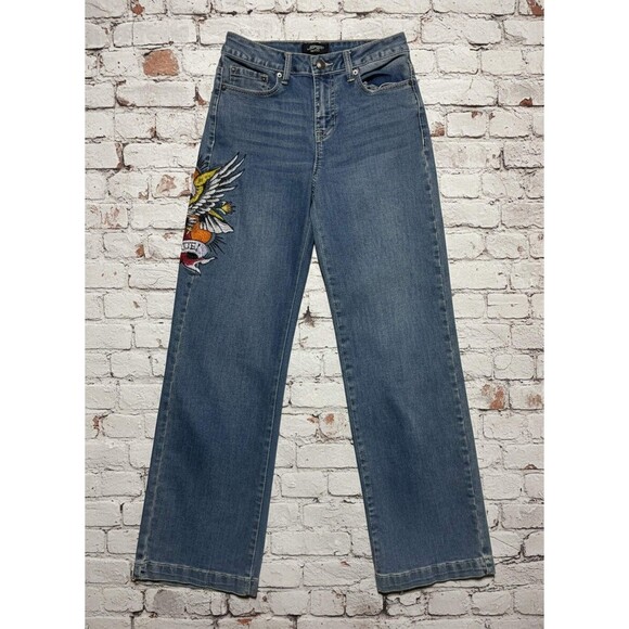 Ed Hardy Brave Hearts Stay True Embroidered Eagle Jeans - Size 26 Y2K Vntg Denim - Picture 2 of 3